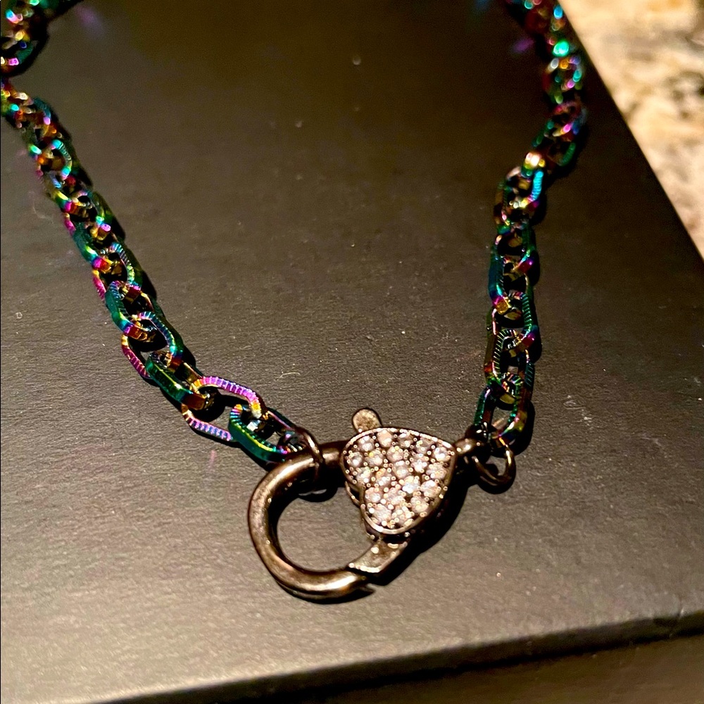 Gunmetal & Mystic / Multi Color 15” Necklace w/ Pave Heart